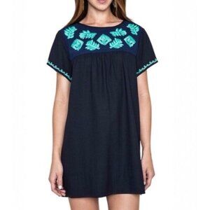 Umgee Tunic Dress Women Medium Embroidered Blue Green Short Sleeve
